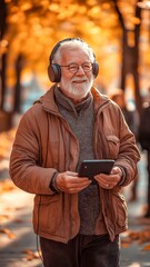 Fototapeta premium Content Emotion Serene People Wearing Headphone Listening To Music Senior Man