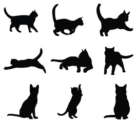 Set of 9 black cat silhouette vectors in various poses including sitting, jumping, walking, and stretching. Perfect for design, logo, or Halloween art.