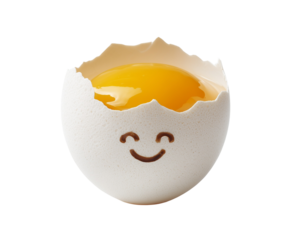 Cracked eggshell with smiling face and yolk