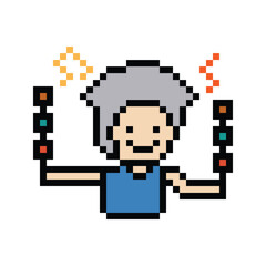 Pixel art cute cartoon 8bit character man eat meat food hungry delicious lifestyle decor restaurant 8 bit male boy meal isolated png vector.