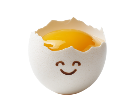 Cracked eggshell with smiling face and yolk