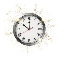 New years eve countdown clock with roman numerals, gold confetti, and streamers, isolated on transparent background