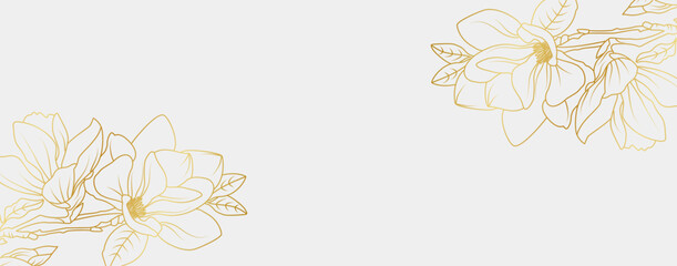 Luxury gold magnolia flowers background. Floral pattern tropical in line art style for greeting, invitation, wedding card, wall art, wallpaper and print. Vector illustration