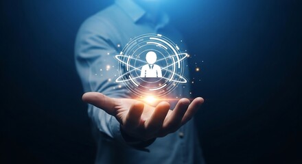 Male hand holding holographic human icon, futuristic HR technology concept visual for digital workforce branding