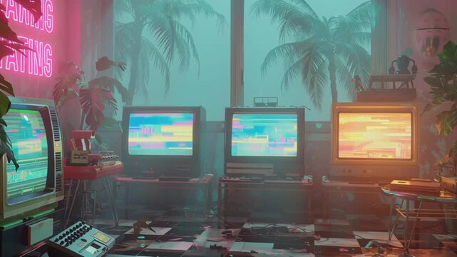 80s retro vaporwave streamer room, triple CRT monitors with glitch effects, neon palm trees window, synthwave grid floor, arcade machines virtual pets, looping stream starting soon overlay