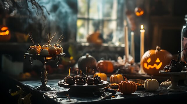 Halloween sweets with playful spooky elements in a dark ambiance