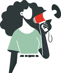 Woman speaking into red megaphone with dark hair announcement