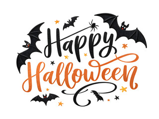 Fototapeta premium Happy Halloween Greeting with Bats and Halloween Elements - Festive Wall Decoration on transparent background