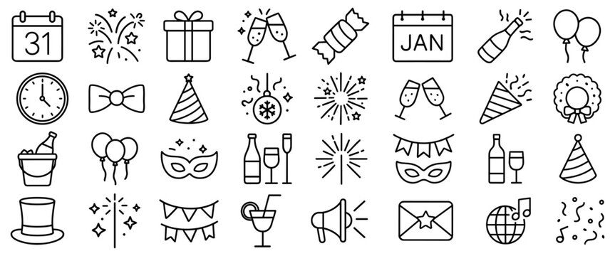 Festive celebration icon set offering a diverse range of party symbols for graphic design needs perfect for new year's eve christmas or birthday invitations and event decoration