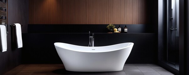 A contemporary bathroom showcases a pristine white freestanding bathtub