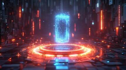 Cybernetic cylinder in glowing, digital space
