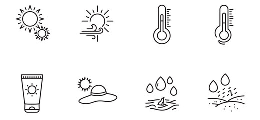 Summer weather and conditions illustrated with simple vector line icons