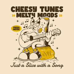 Groovy Pizza Slice character Playing Guitar in Melty Cheesy Vibes