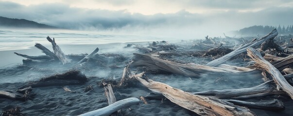 Driftwood covered beach shrouded in mist at the shoreline location