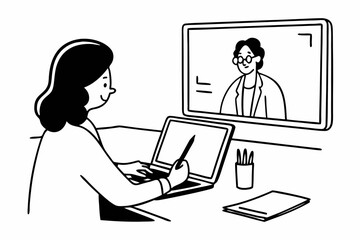 Middle-aged Latina woman using laptop for business learning purposes, watching video from a virtual webinar training meeting, writing notes. Focused entrepreneur working in office. Copy space