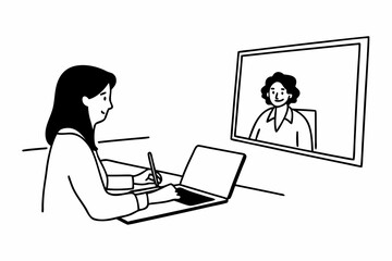 Middle-aged Latina woman using laptop for business learning purposes, watching video from a virtual webinar training meeting, writing notes. Focused entrepreneur working in office. Copy space