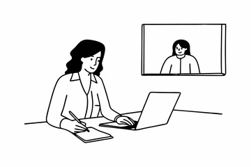 Middle-aged Latina woman using laptop for business learning purposes, watching video from a virtual webinar training meeting, writing notes. Focused entrepreneur working in office. Copy space