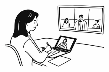 Middle-aged Latina woman using laptop for business learning purposes, watching video from a virtual webinar training meeting, writing notes. Focused entrepreneur working in office. Copy space