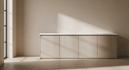 Linen sand minimalist kitchen counter with white top and ceramic flooring, neutral tone kitchen photo for architectural branding