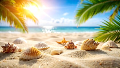 Seashells and starfish rest upon sandy beach shore