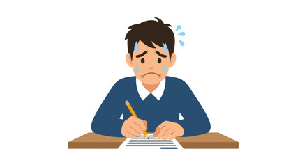 Stressed student sweating while taking challenging test, feeling anxious and pressured