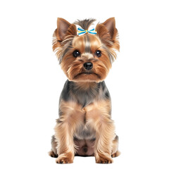 A cute yorkshire terrier puppy with a bow on its head, sitting attentively isolated on a transparent background, looking directly at the camera