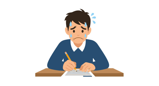 Stressed student sweating while taking challenging test, feeling anxious and pressured