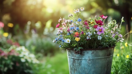 Fototapeta premium Blue bucket filled with a colorful assortment of flowers