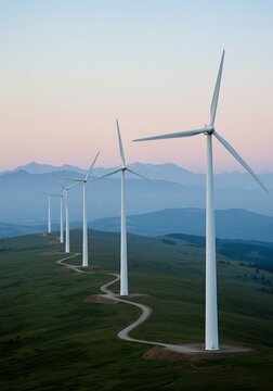 Wind Turbines on a Mountain Landscape during Sunse