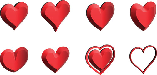 Red Heart Icon Set. 8 Unique Love Symbols with 3D Effects and Outline Variations.