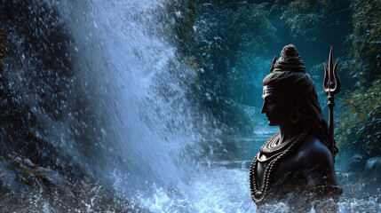 Obraz premium Lord shiva statue near waterfall