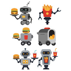 Flat vector illustration of fast food service robots