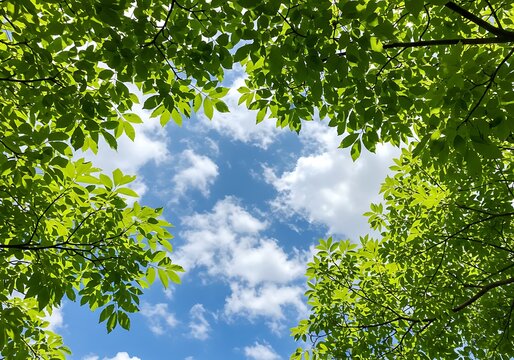 Fresh Green Leaves Framing a Bright Blue Sky with Clouds