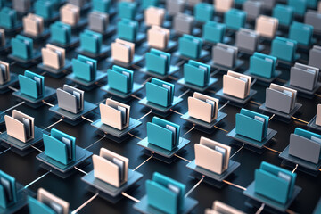 Obraz premium An array of blue and beige folders connected by a network on a dark background in a grid formation