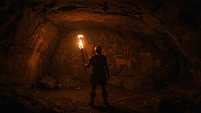 Prehistoric Caveman with Torch Ancient Cave Paintings.