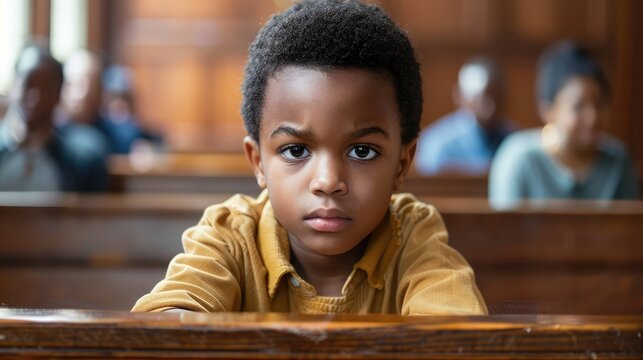 A young African boy with short curly hair sits at a wooden bench, looking serious. Adults are seated in the background, creating a solemn atmosphere.