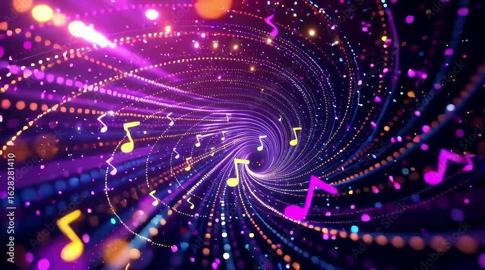 Poster a spiral of lights with musical notes on it. the notes are in different colors and sizes. the spiral