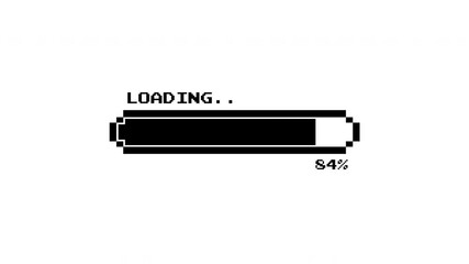 8 bit loading black animation, retro game start, pixel art, on white background. Pixelated progress animation.  Loading  from 0 - 100 percent.