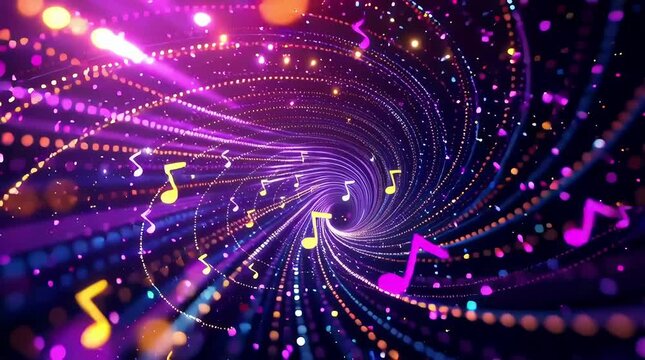 A spiral of lights with musical notes on it. The notes are in different colors and sizes. The spiral is purple and blue
