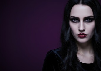 Fototapeta premium Mysterious woman with dark makeup against a deep purple background