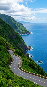 Scenic Winding Road Along Verdant Cliffs Overlooking the Ocean