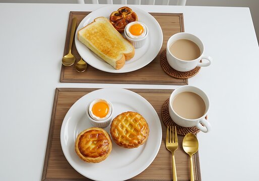 Delicious breakfast set with coffee, toast, egg and pastries