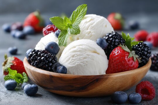 Creamy white ice cream scoops topped with fresh berries and mint leaves in a wooden bowl