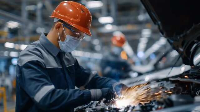 Experience the future of automotive innovation with 205Workers expertly installing ADAS sensors and cameras on electric vehicles in a cutting-edge assembly line.