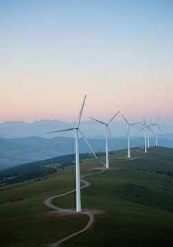 Wind turbines on mountain ridge during sunrise