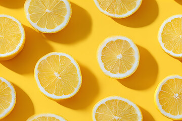 Obraz premium Freshly Cut Lemon Slices on Bright Yellow Background for Culinary and Drink Use