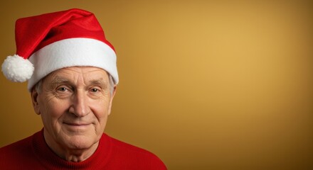Senior man in santa hat smiling against golden background