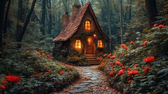 Fairy tale cottage nestled in a mystical forest