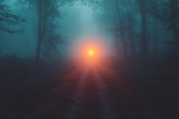 Obraz premium Bright light shining through dark forest trees.