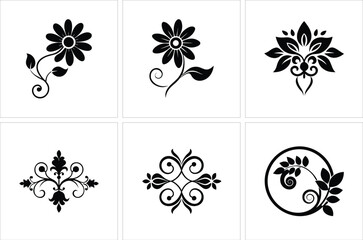 Black decorative floral elements showcase drawings on a white background, conveying an elegant and simple aesthetic